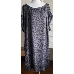 DKNY 2X Shift‎ Dress Gray Black Abstract Animal Print Beaded Hem Dolman Sleeve